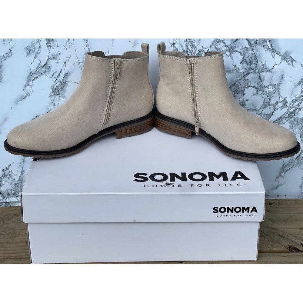 Sonoma Womens Beige Suede Ankle Boots Size 7.5M With Side Zipper & Block Heel